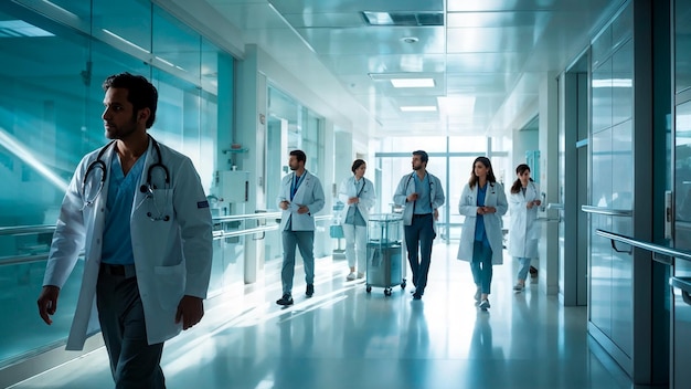 un medico cammina attraverso un corridoio dell'ospedale con uno stetoscopio al collo
