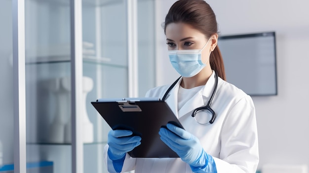 Un medico che indossa una maschera e guanti in uniforme medico bianco