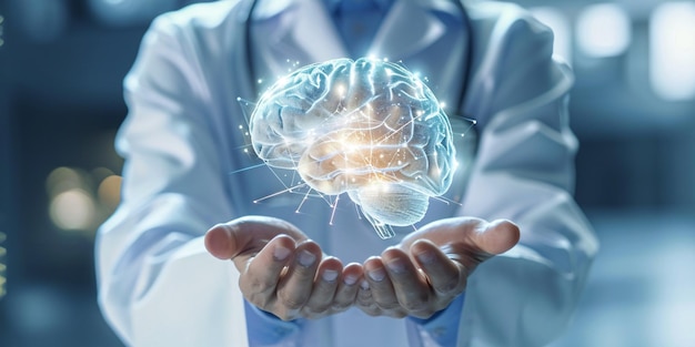 Un medico che utilizza un cervello umano virtuale con tecnologia di IA per migliorare l'intelligenza creativa e promuovere il benessere mentale in contesti futuristici