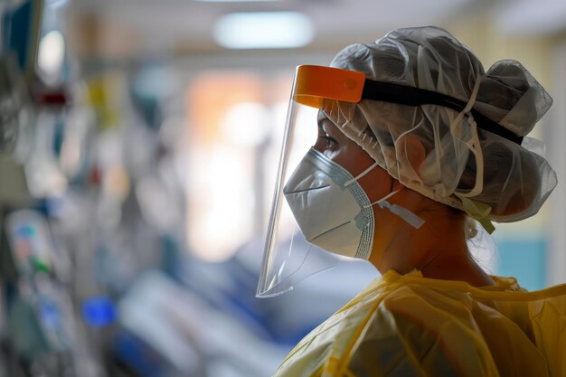 Un medico con un berretto e una maschera in piedi sopra un letto di un paziente sullo sfondo di una stanza d'ospedale