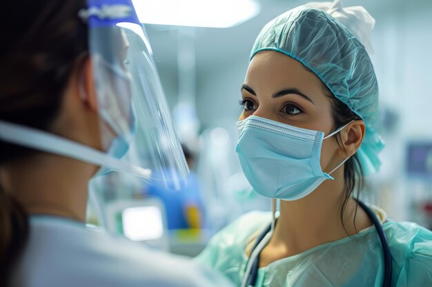 Un medico con un berretto e una maschera parla all'infermiera sullo sfondo di una stanza d'ospedale luminosa