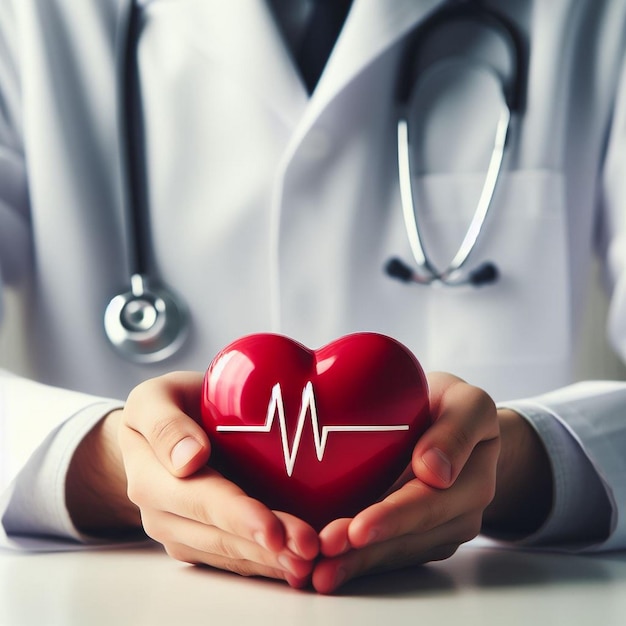 Un medico con un cuore rosso con una linea ECG che simboleggia la salute cardiaca