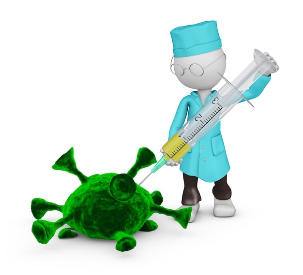 Un medico con una siringa uccide un virus verde. rendering 3D.