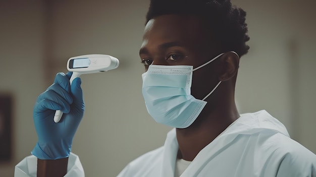 un medico da un uomo afroamericano con una maschera che prende la temperatura con una macchina digitale