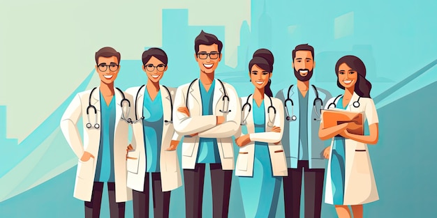 Un medico del team di design piatto che lavora in un ospedale con illustrazioni flatstyle