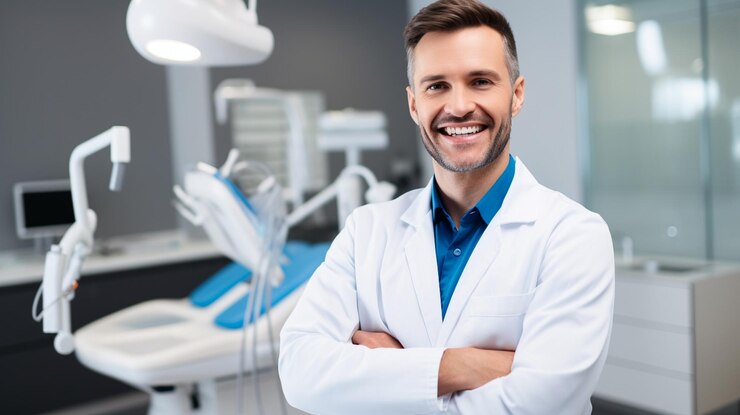 Foto un medico di sesso maschile con una camicia da laboratorio bianca si trova di fronte a un monitor dentale.