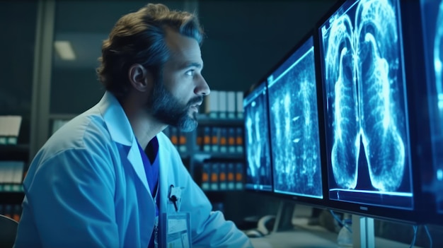 Un medico esamina una TAC sullo schermo di un computer