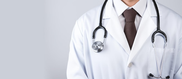 Un medico in camice bianco, occhiali e stetoscopio posa per un ritratto con uno sfondo bianco che lascia spazio al testo relativo alla salute