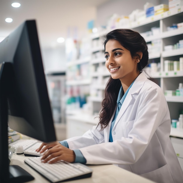 Un medico in farmacia che lavora e un ospedale Happy Face Lab