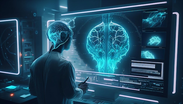 Un medico in futuro utilizza la scansione olografica avanzata della malattia delle cellule cerebrali di un paziente e la scansione diagnostica AI Generative