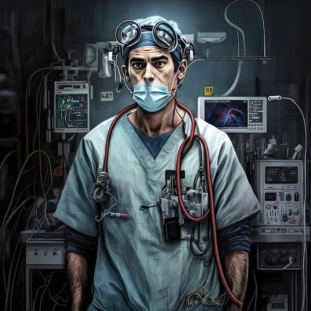 Un medico in una maschera medica e un camice bianco sullo sfondo dell'attrezzatura Trattamento medico atmosfera cupa ospedale persona inesistente arte generativa ad alta risoluzione AI