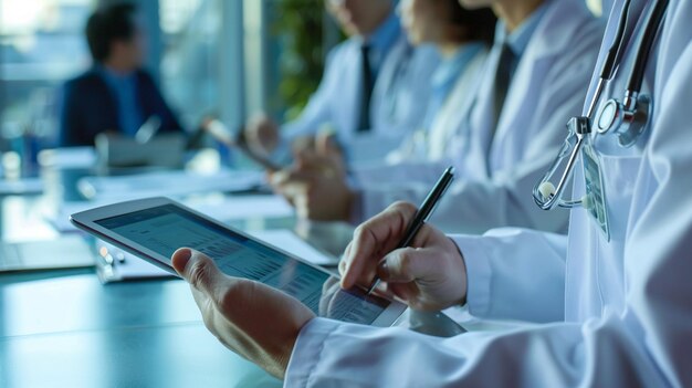 Un medico in una sala riunioni con un tablet digitale probabilmente impegnato in discussioni