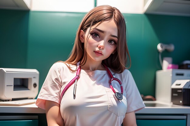 Un medico in uniforme bianco con uno stetoscopio al collo si siede in un armadio verde.