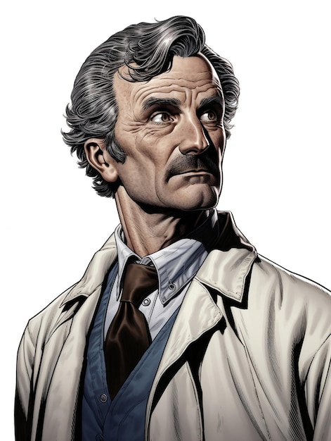 Un medico maschio in camice bianco con camicia blu e cravatta si trova davanti a uno sfondo bianco