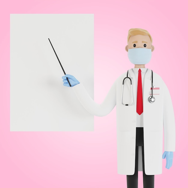 Un medico maschio si alza e indica una scheda di presentazione Test di visione 3D illustrazione in stile cartone animato