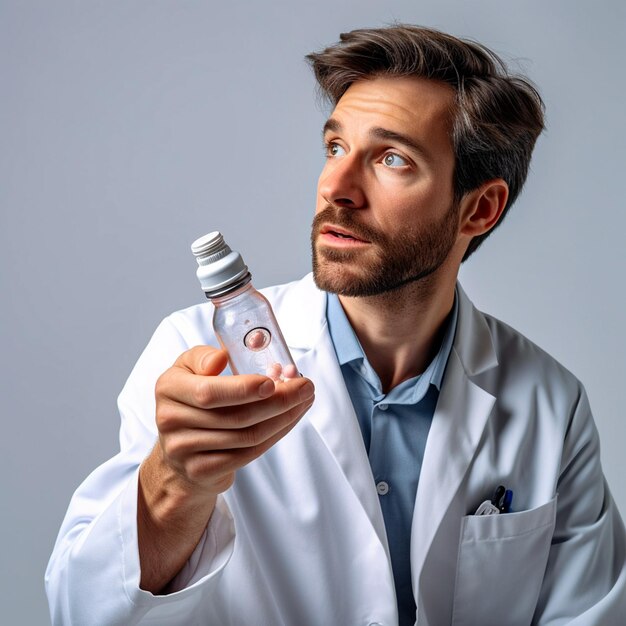 Un medico maschio sta guardando la bottiglia di capsule con un po'di medicina dentro in mano