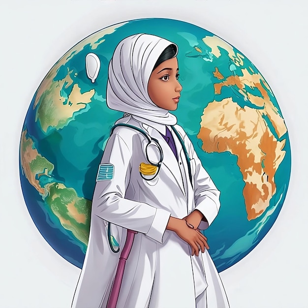 Un medico musulmano in camice bianco da laboratorio con uno stetoscopio intorno al collo con la terra sullo sfondo
