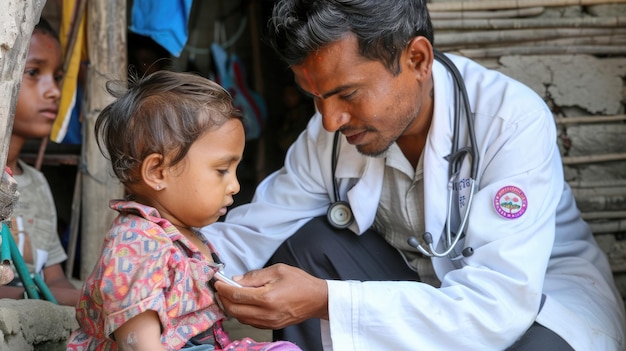 Un medico offre cure mediche a un bambino in un villaggio remoto che incarna la speranza Giornata umanitaria mondiale 19 agosto