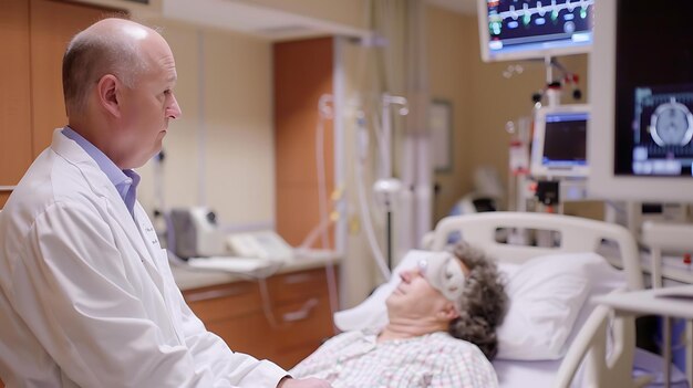 Un medico si siede accanto al letto di una paziente donna sta guardando la cartella medica del paziente il paziente indossa una maschera di ossigeno