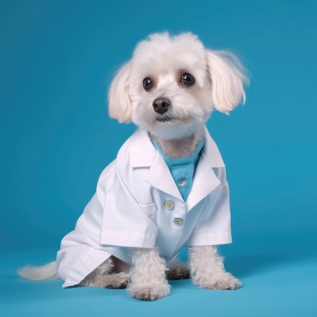 Un medico veterinario in camice bianco tiene in mano un piccolo cane bianco IA generativa