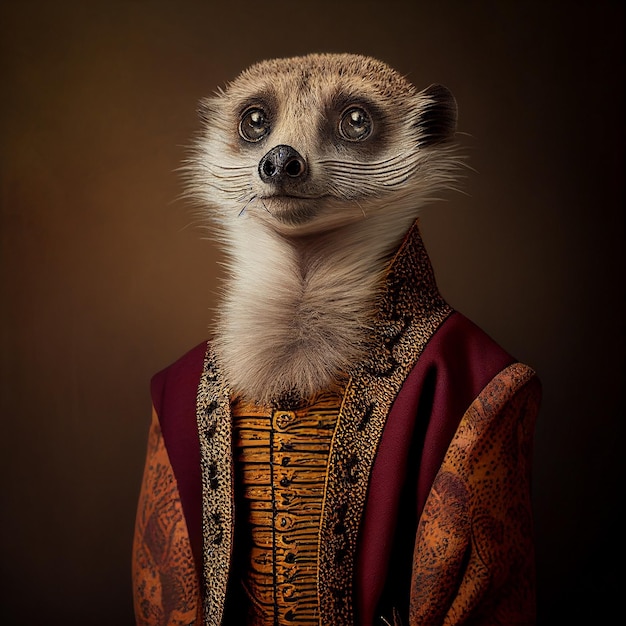 Un meerkat indossa un abito e la parola meerkat è sul fondo.