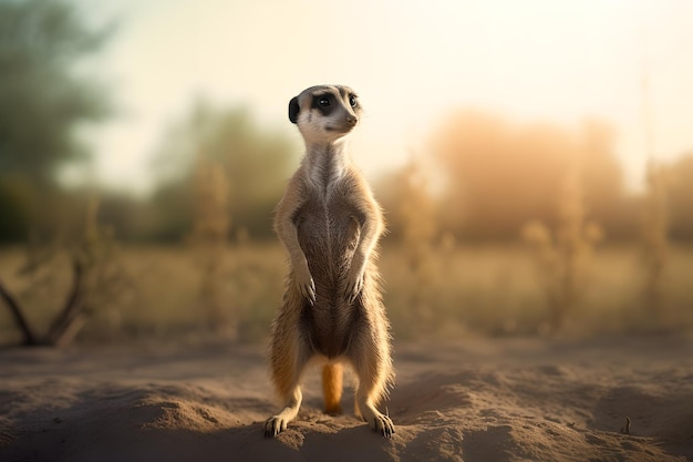 Un meerkat si erge sulle zampe posteriori davanti a un tramonto.