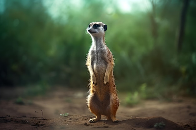 Un meerkat si erge sulle zampe posteriori in una foresta.