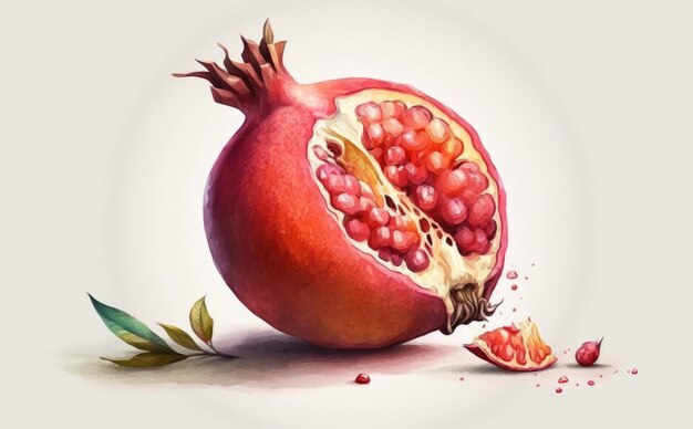 Un melograno disegnato su sfondo bianco acquerello frutta illustrazioni di alimenti biologici ai generato