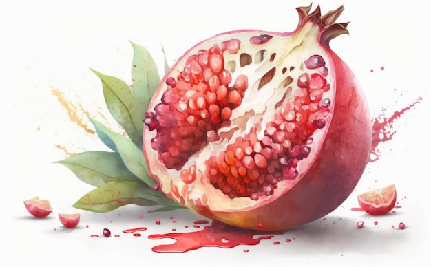 Un melograno disegnato su sfondo bianco acquerello frutta illustrazioni di alimenti biologici ai generato