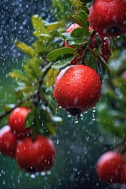 Un melograno rosso pende da un ramo sotto la pioggia.