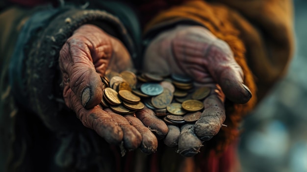 Un mendicante di strada con le mani sporche e con in mano monete IA generativa