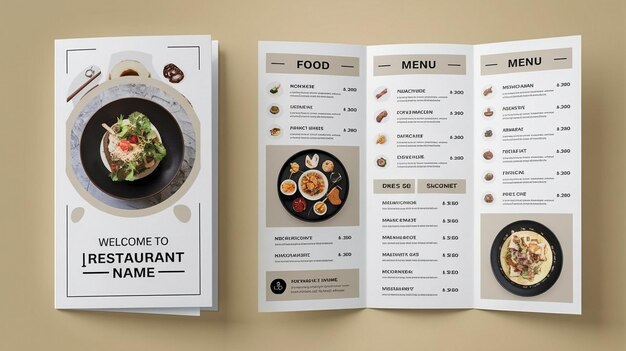 un menu con il menu aperto a un menu che dice cibo da mangiare un modello di brochure bifold per un menu di cibo