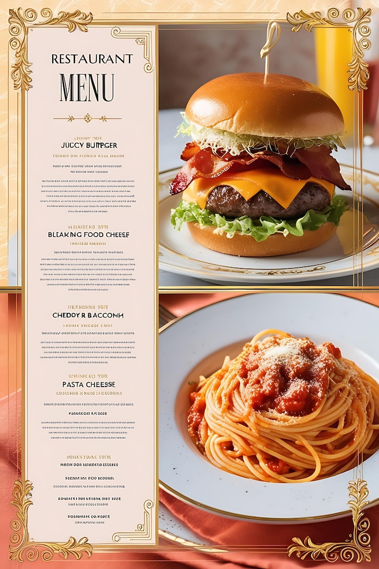 Foto un menu con un'immagine di un hamburger e un piatto di cibo ai generativo