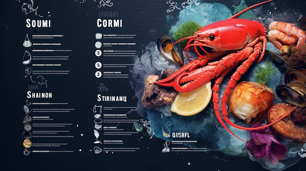 Un menu di ristoranti con frutti di mare freschi