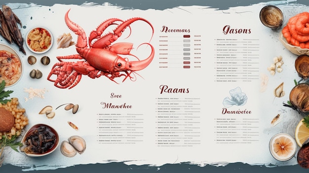 Un menu di ristoranti con frutti di mare freschi