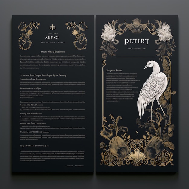 un menu nero e oro per un uccello bianco con foglie d'oro.
