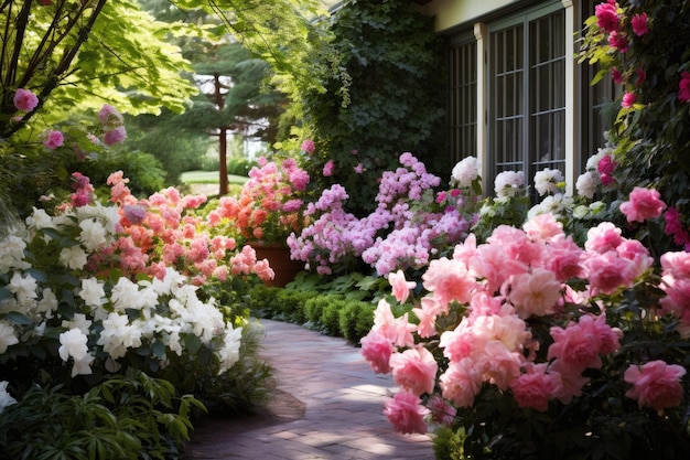 Un meraviglioso giardino con un'abbondanza di fiori rosa e bianchi crea un'esposizione vivace e colorata Un giardino lussureggiante pieno dei fiori preferiti delle mamme Generato dall'IA