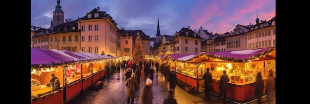 un mercatino di natale è pieno di gente di notte nello stile dell'alta gamma dinamica