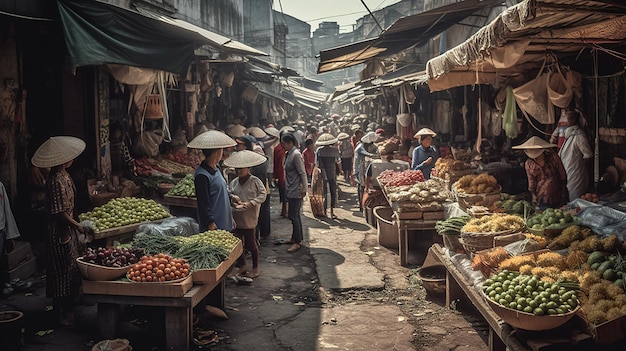 Un mercato ad hanoi, in vietnam, con la gente che fa compere e un uomo con un cappello