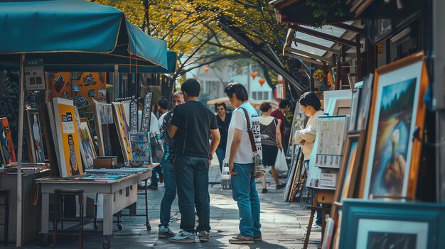 Un mercato all'aperto con persone che guardano le bancarelle Ci sono dipinti sculture e altre opere d'arte in mostra