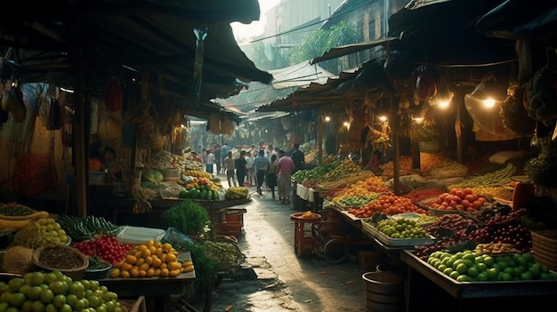 Un mercato con molta frutta e verdura