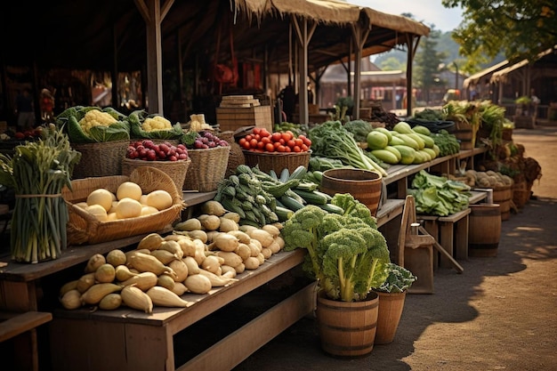 Un mercato con una varietà di verdure tra cui broccoli, lattuga, pomodori e cetrioli.