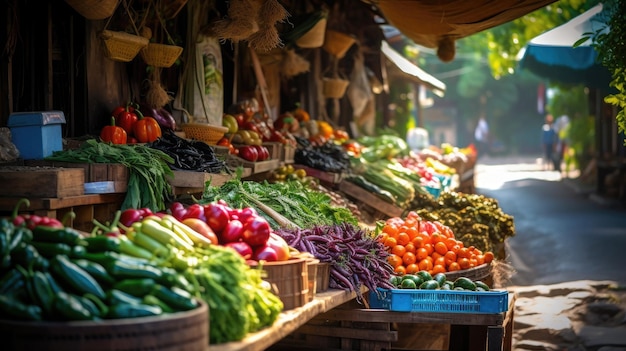 un mercato con una varietà di verdure tra cui pomodori, cipolle e altre verdure.