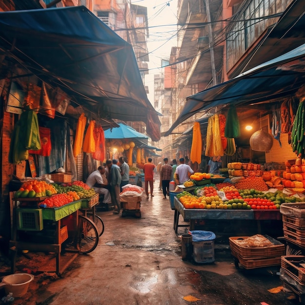 un mercato della frutta con sopra un tendone blu e gente che vi cammina intorno