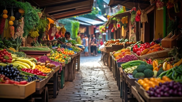 un mercato della frutta con un uomo che passa davanti a un mercato della frutta.