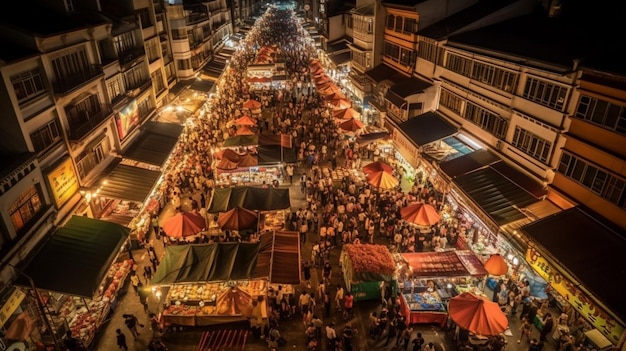 Un mercato notturno con tante bancarelle e bancarelle con tante lucine