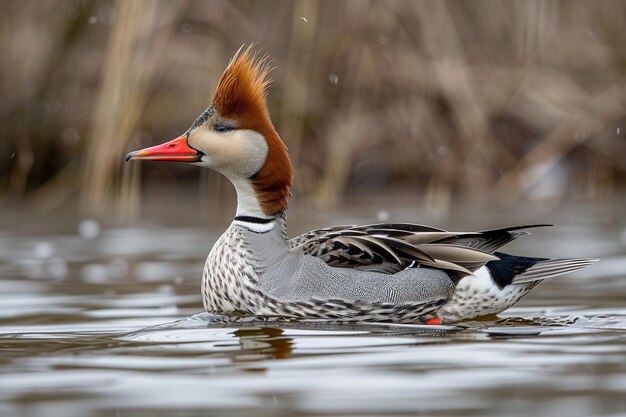 Un merganser a petto rosso in un lago del nord