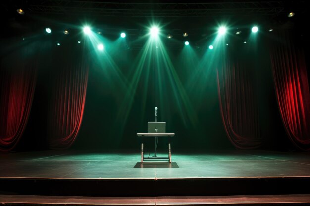 Un microfono e un podio sotto i riflettori sul palco