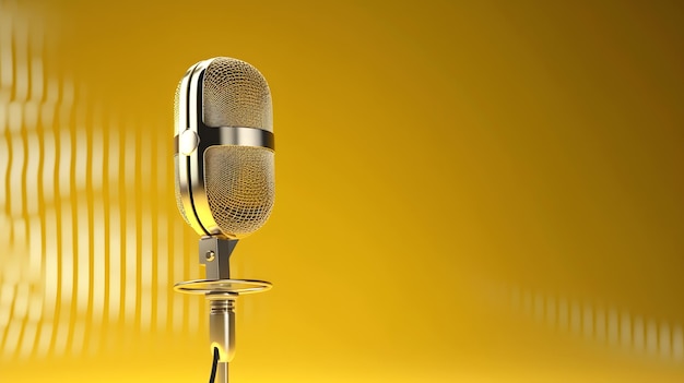 Un microfono giallo con un microfono dorato davanti a uno sfondo giallo.