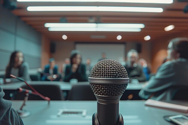 un microfono in una sala conferenze con persone intorno